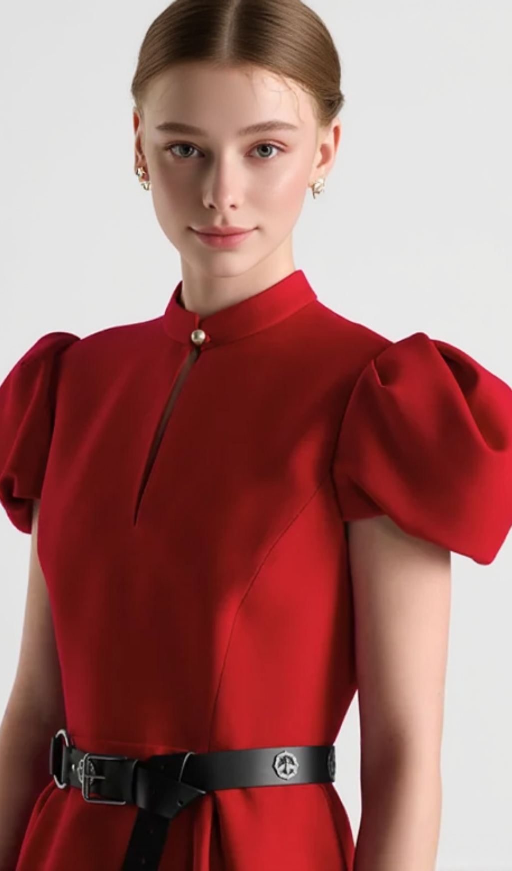 puff sleeve pleated mini dress in red (without black belt)
