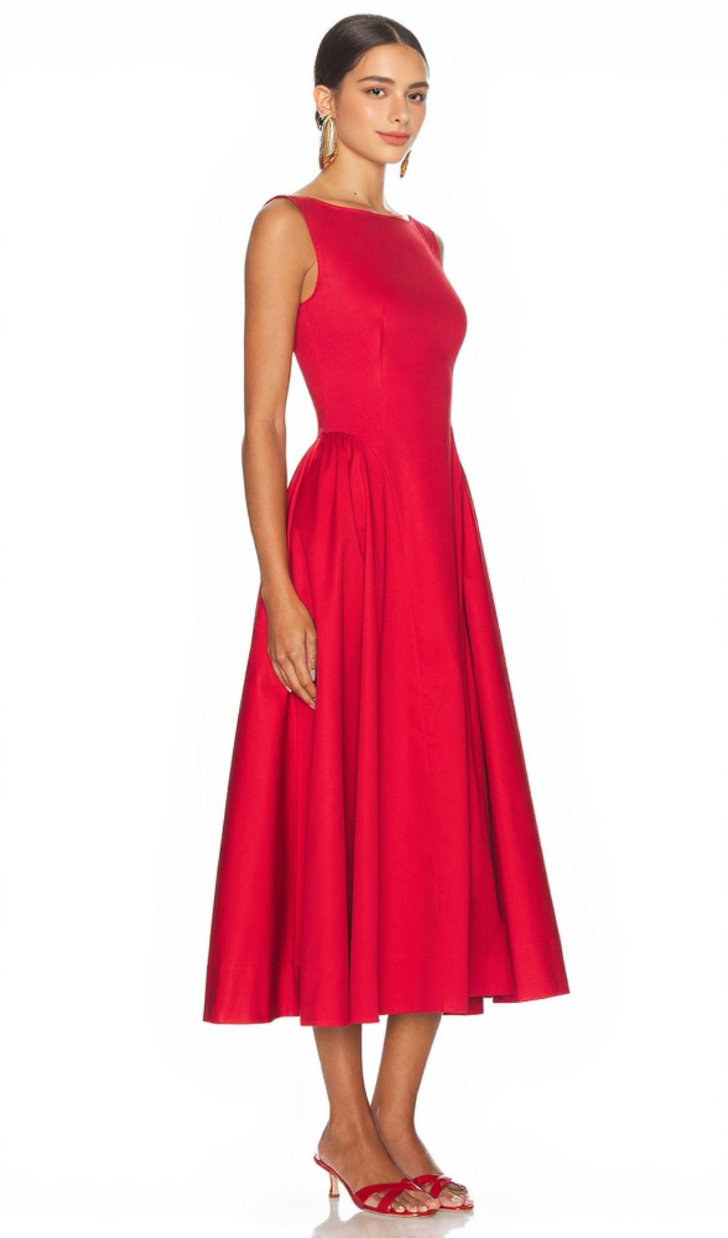 Stretch Cotton Sateen Midi Dress in red