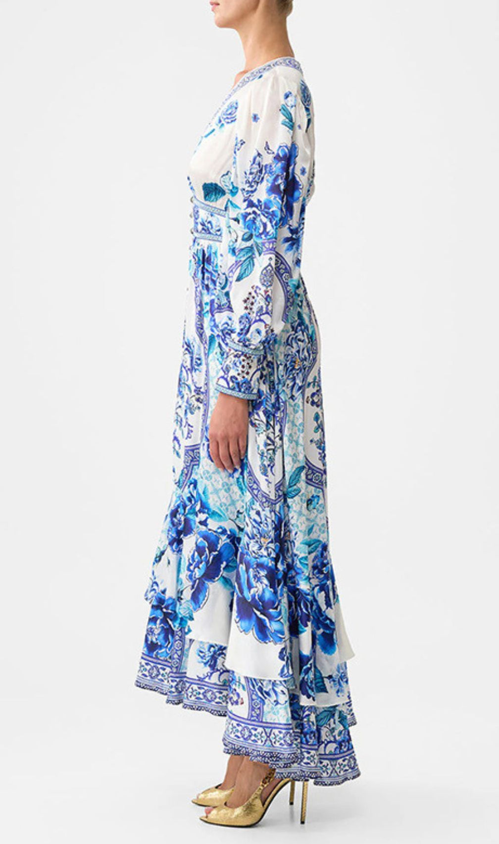 Jalie Elegant Blue Floral Porcelain Print Long Sleeve Maxi Dress