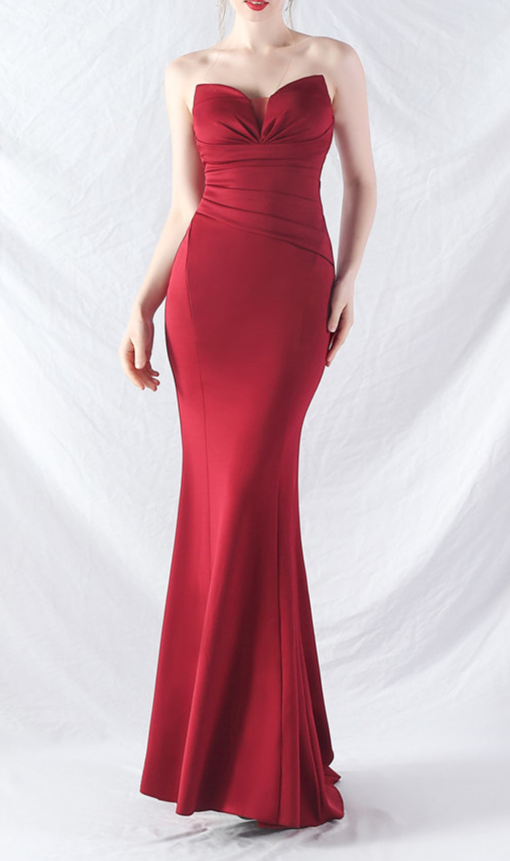 Chrina Red Strapless Ruched Maxi Dress