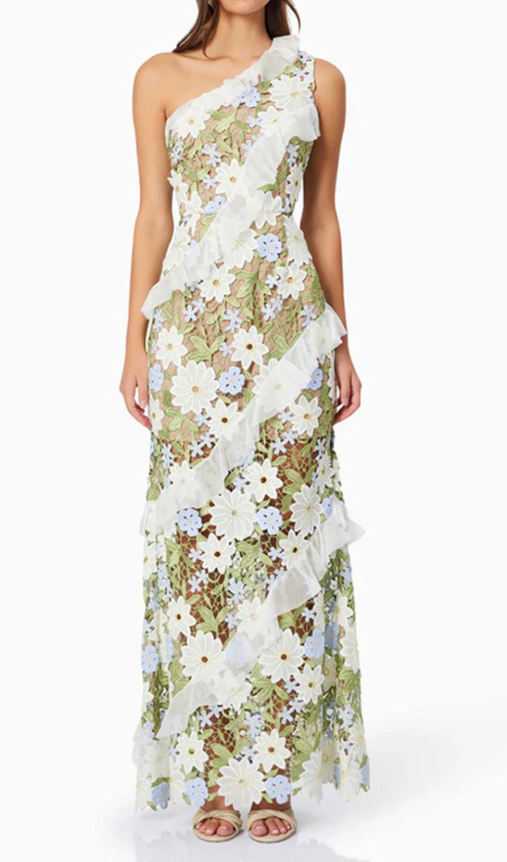Caden Flower Embroidery One-Shoulder Maxi Dress