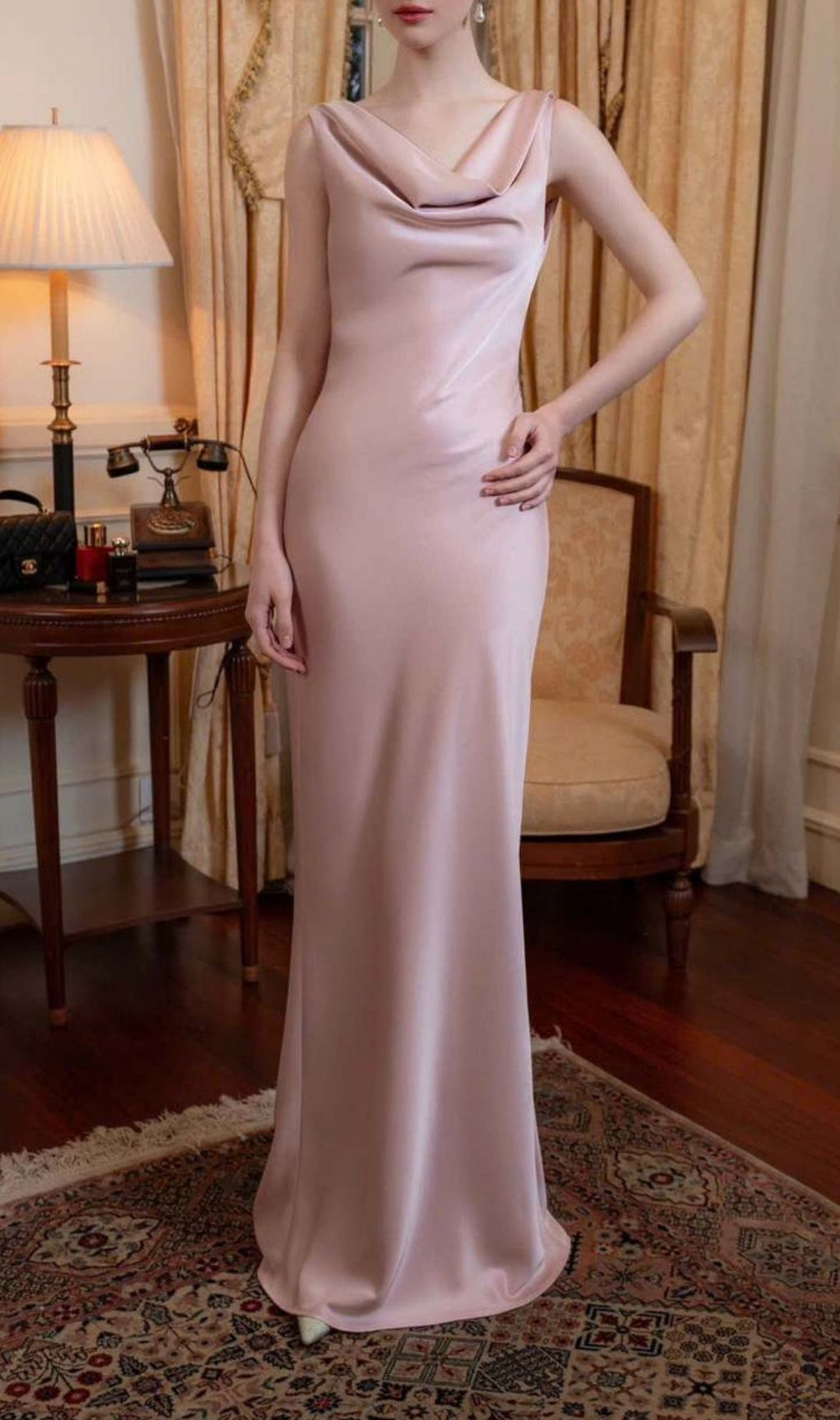 Desma Luxe Pink Satin Cowl Neck Maxi Dress | Elegant Sleeveless Slit Gown