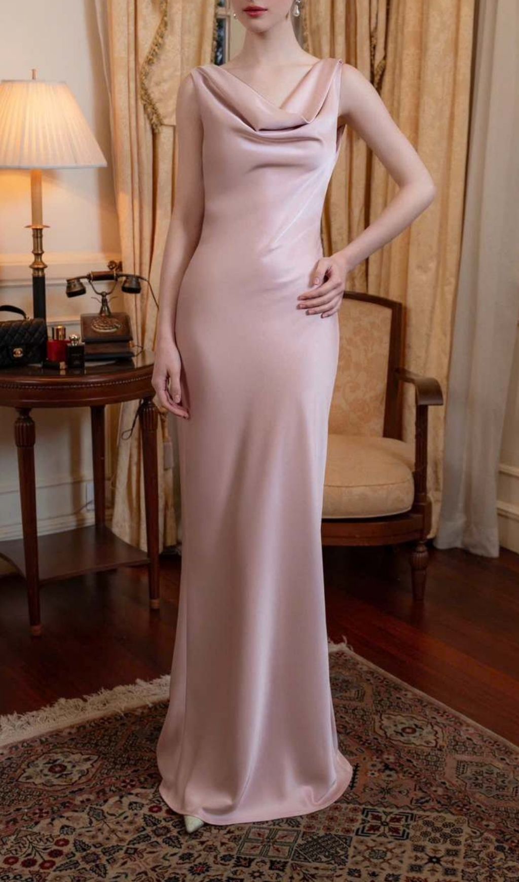 Desma Luxe Pink Satin Cowl Neck Maxi Dress | Elegant Sleeveless Slit Gown