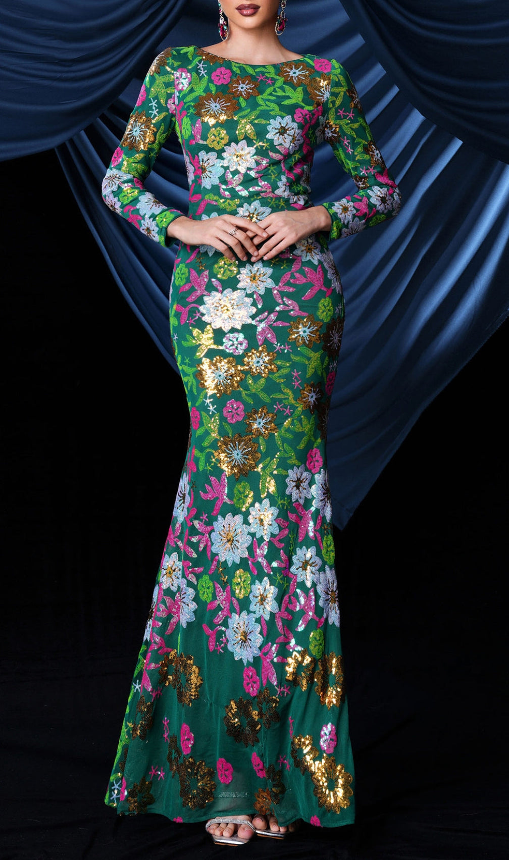 Belle Sequiin Long Sleeve Flower Gown