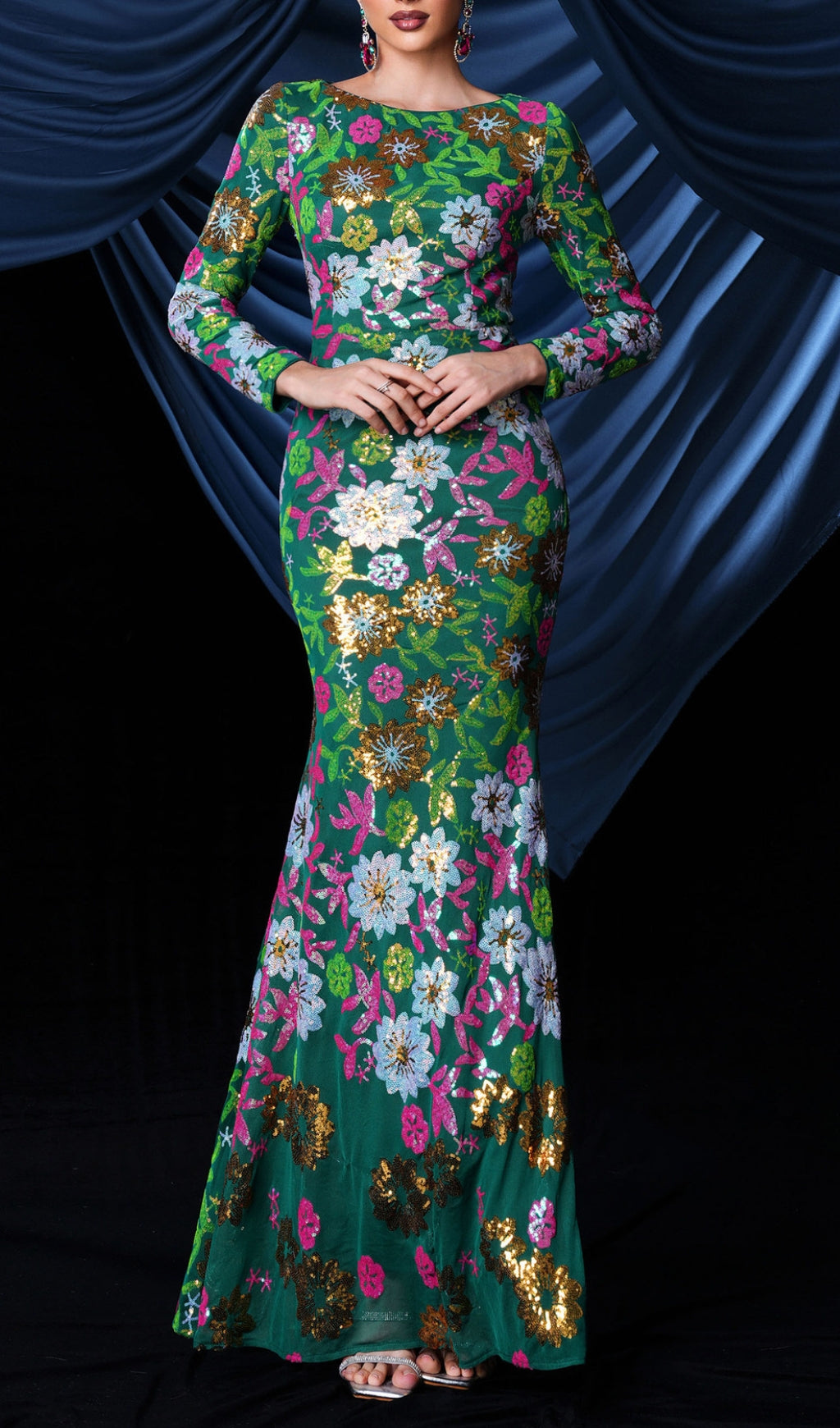 Belle Sequiin Long Sleeve Flower Gown