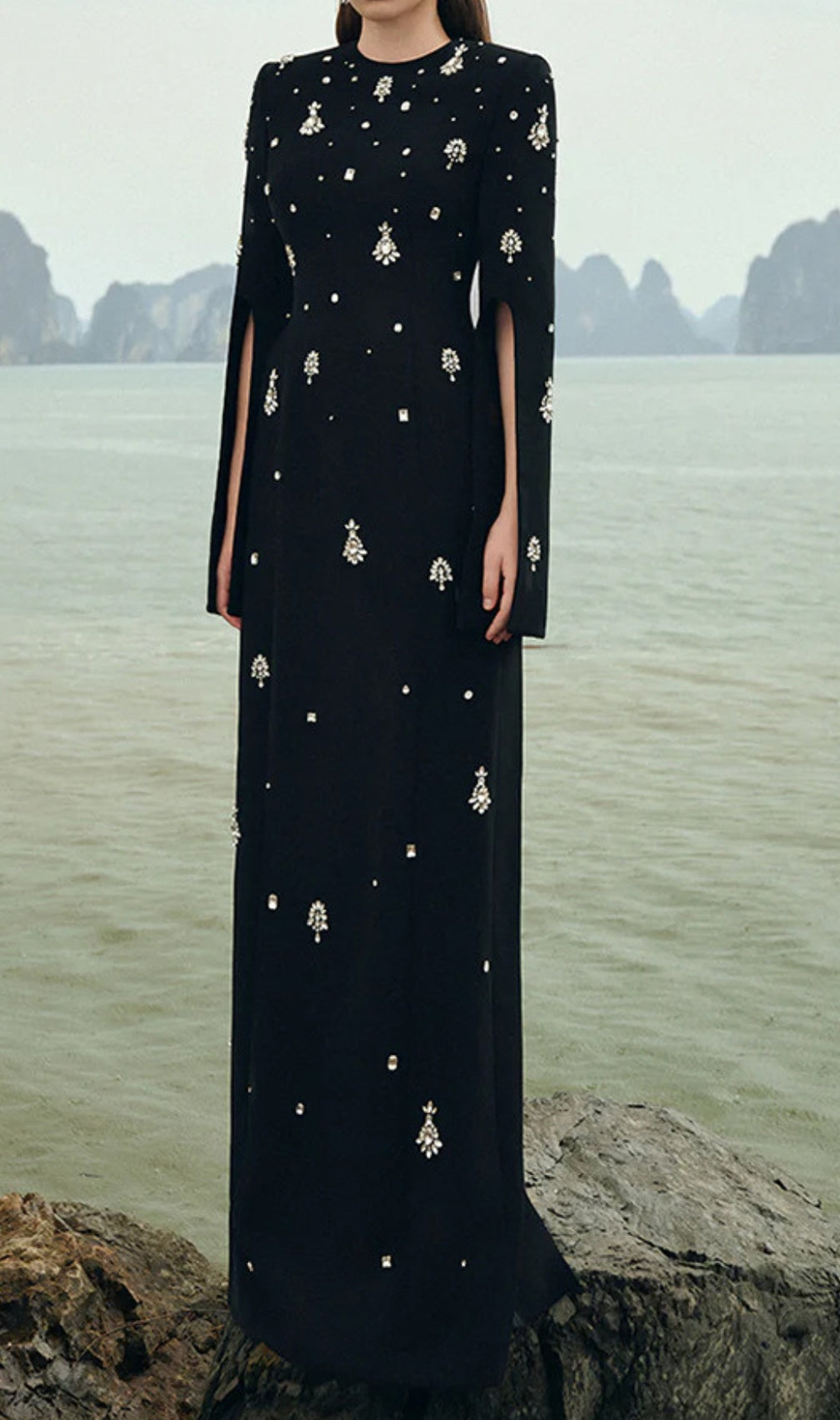 Davon Black Crystal Long Sleeve Maxi Dress