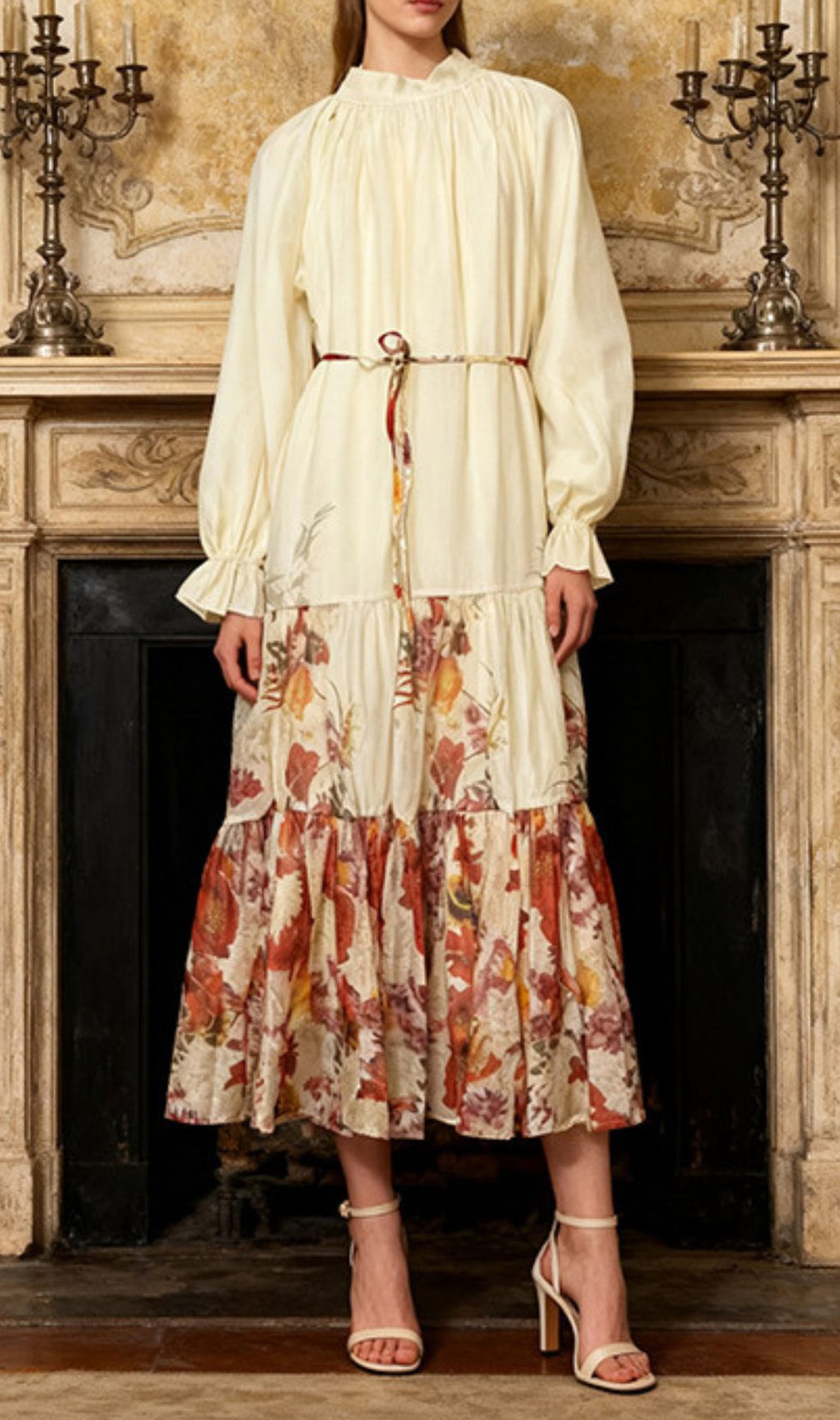 Illeana Meadow Print Long Sleeve Midi Dress - Artistic Elegance