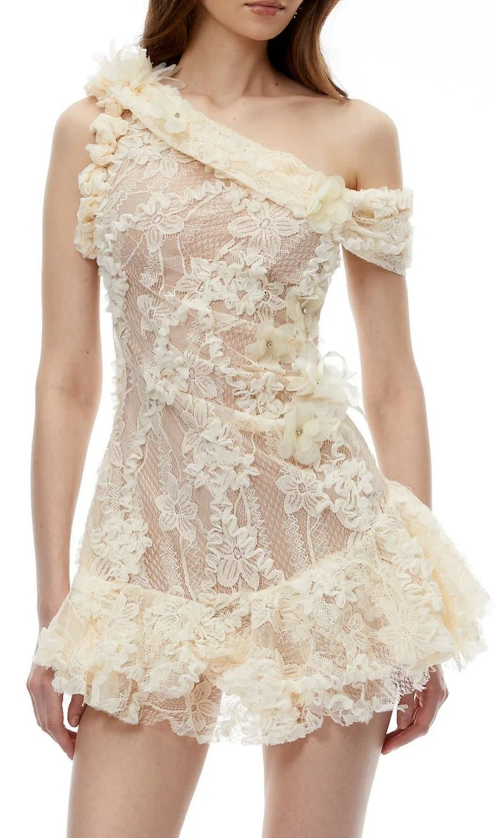 Niobe White Flared Lace Mini Dress with 3D Florals