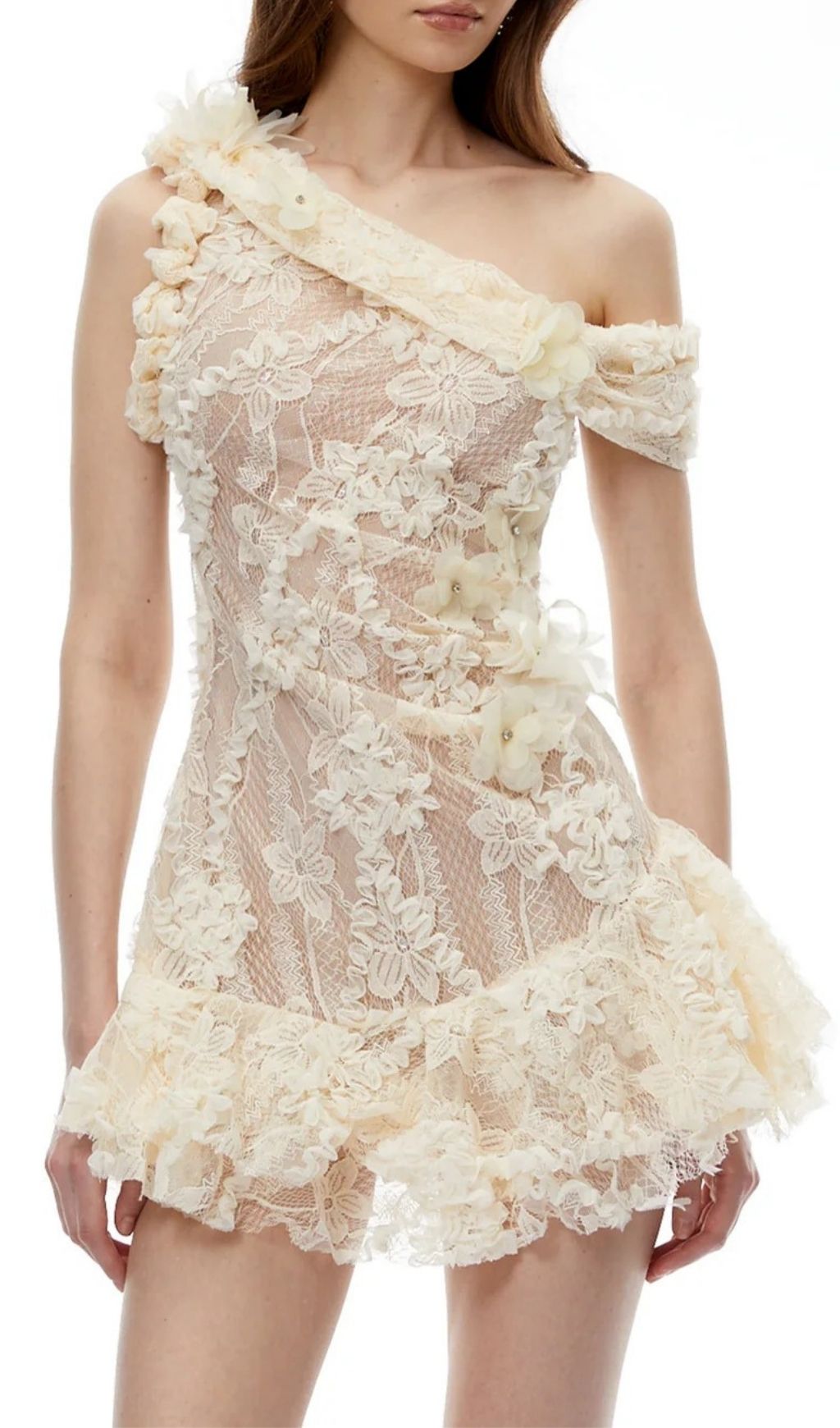 Niobe White Flared Lace Mini Dress with 3D Florals