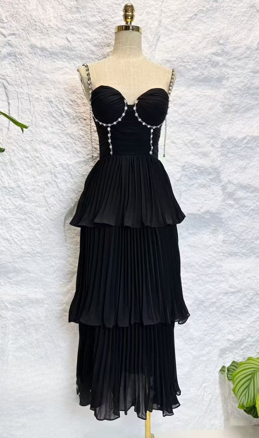 Diamond Pleated Layered Midi Dress