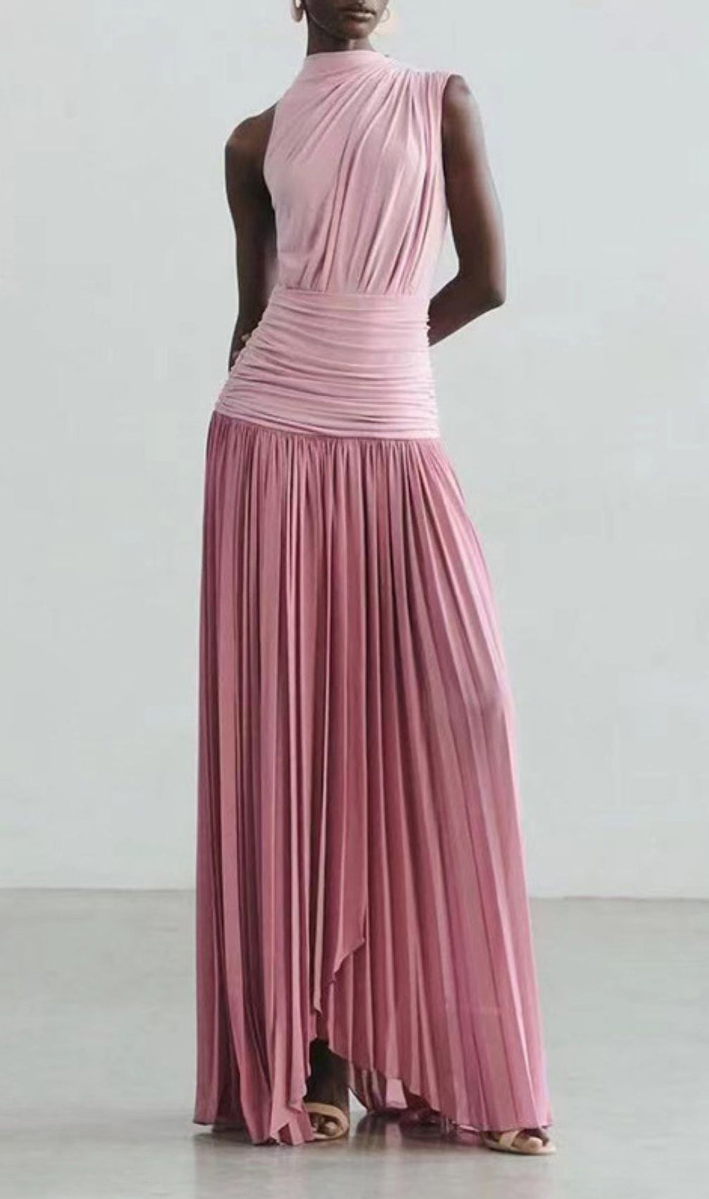 Juliana Draped & Pleated Maxi Dress - Elegant Rose Pink Sleeveless Gown