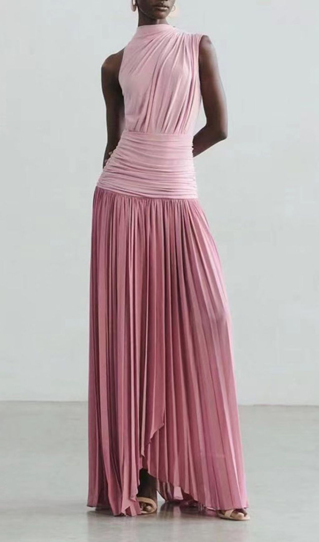 Juliana Draped & Pleated Maxi Dress - Elegant Rose Pink Sleeveless Gown