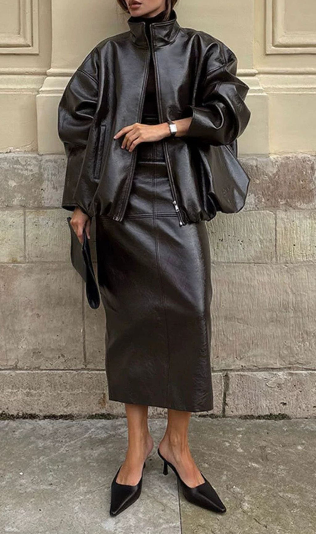 Jehan Glossy PU Leather Bomber Jacket & Midi Skirt Set - Chic Olive Green Co-ord