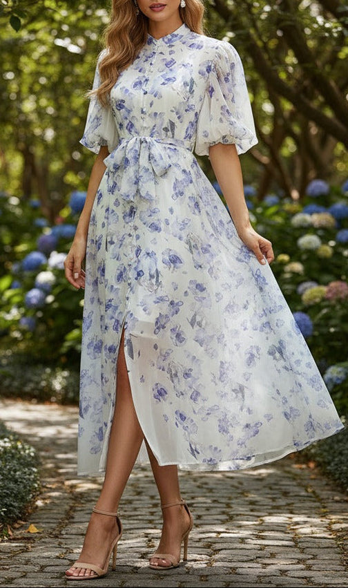Pink Floral Print Mandarin Collar Chiffon Maxi Dress