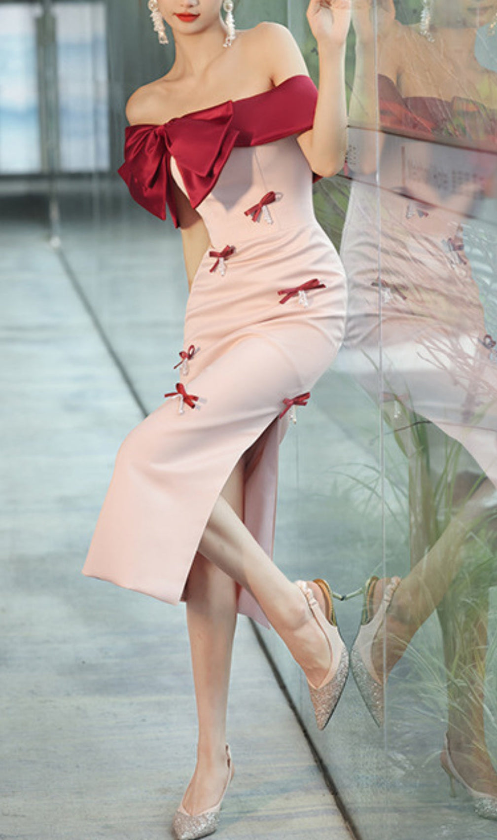 Ashly Faux Pearl Bow Midi Dress