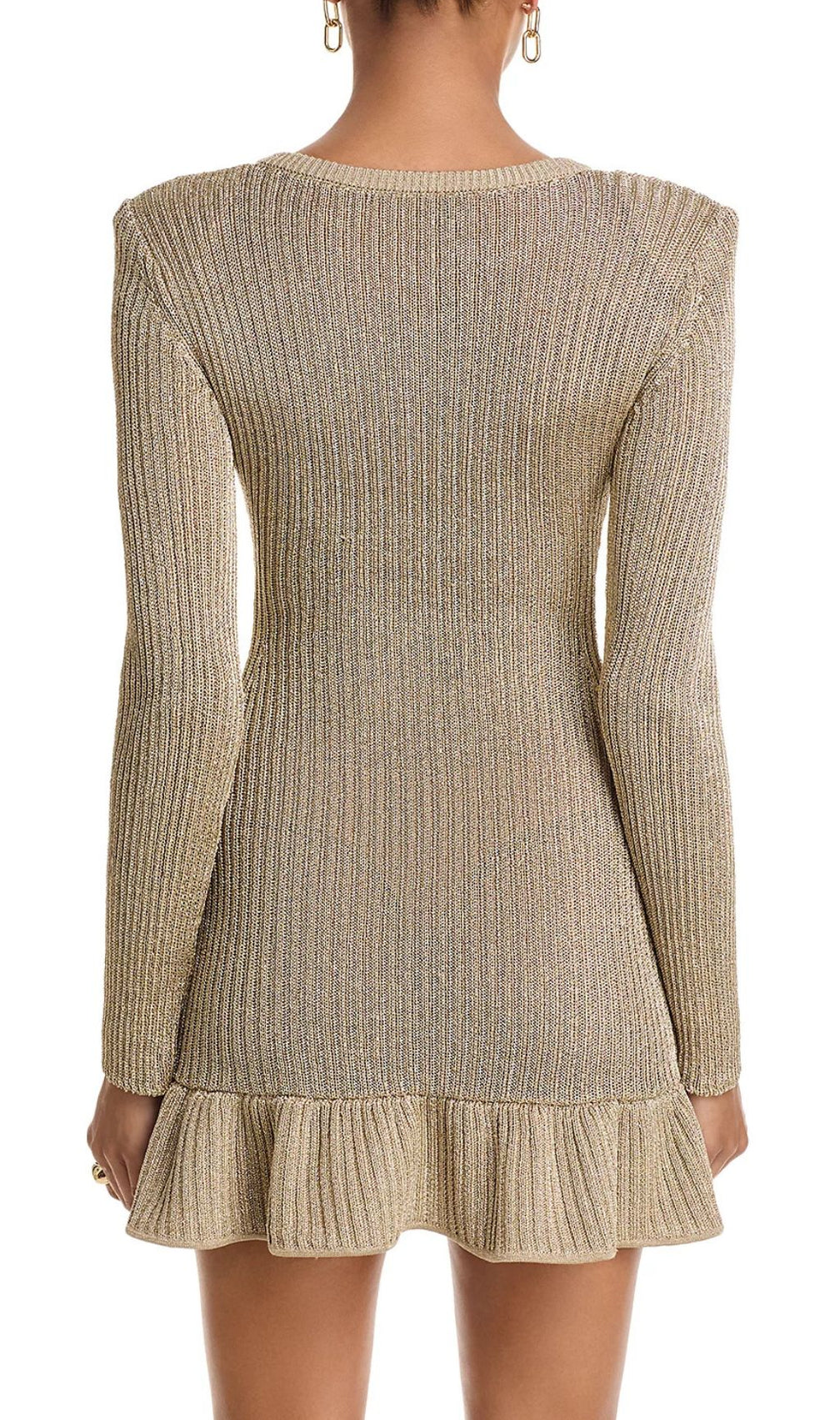 Shimmering Metallic Knit Mini Dress | V-Neck, Pockets & Ruffle Hem