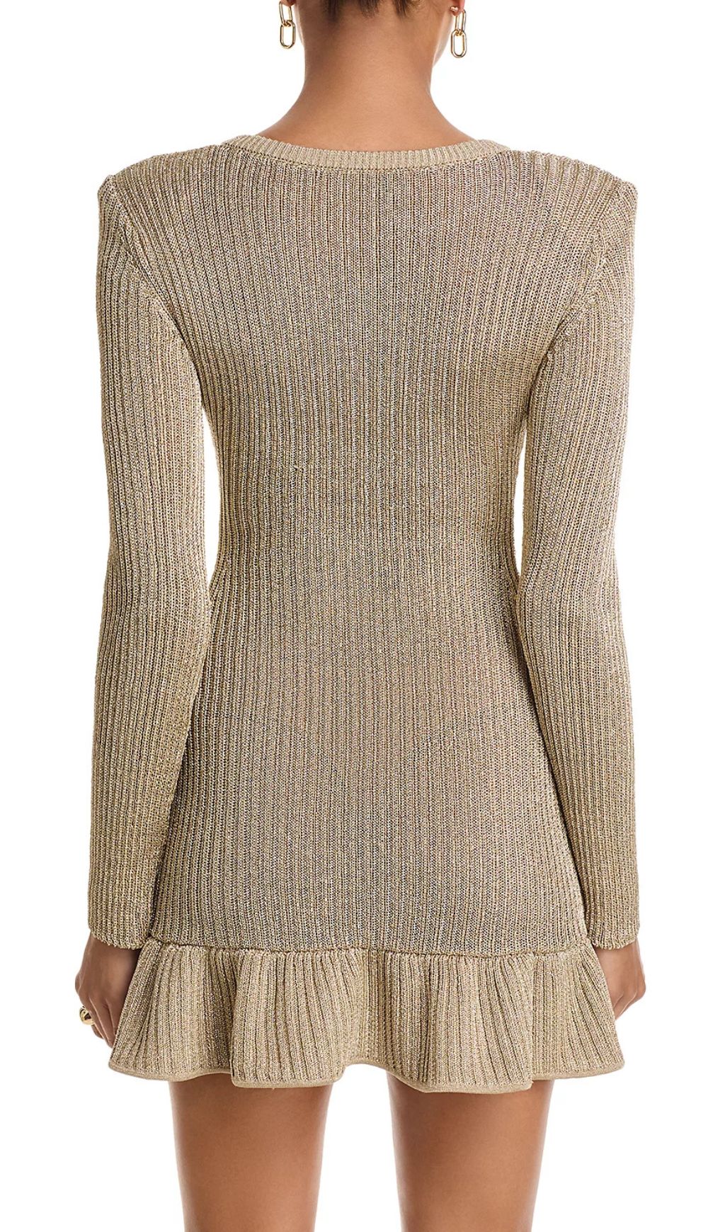 Shimmering Metallic Knit Mini Dress | V-Neck, Pockets & Ruffle Hem
