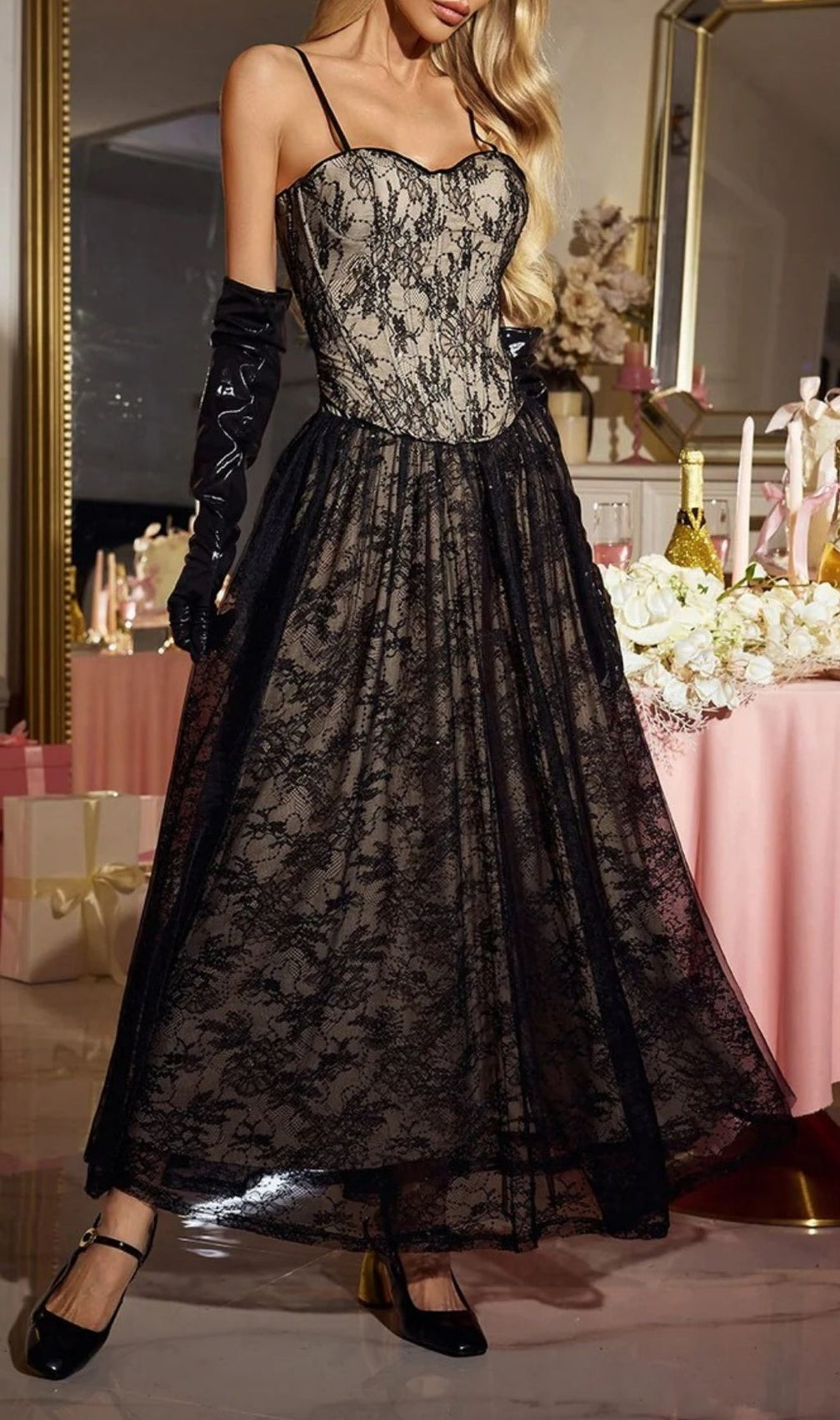 Nexorin Enchanting Black Lace & Sequin Maxi Gown - Elegant Formal Dress