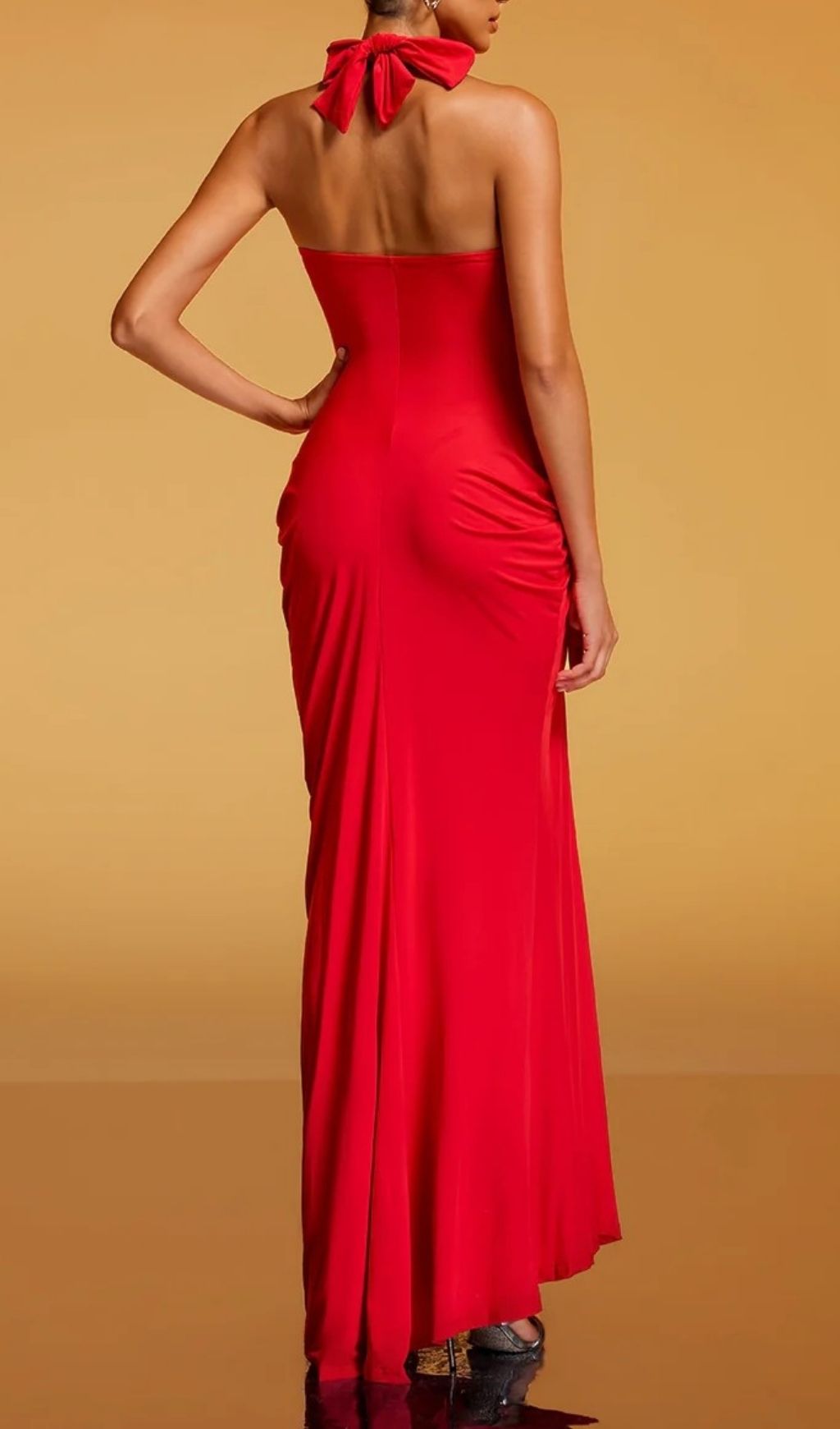 Rethik Halterneck Ruched Maxi Dress - Elegant Red Gown with High Split