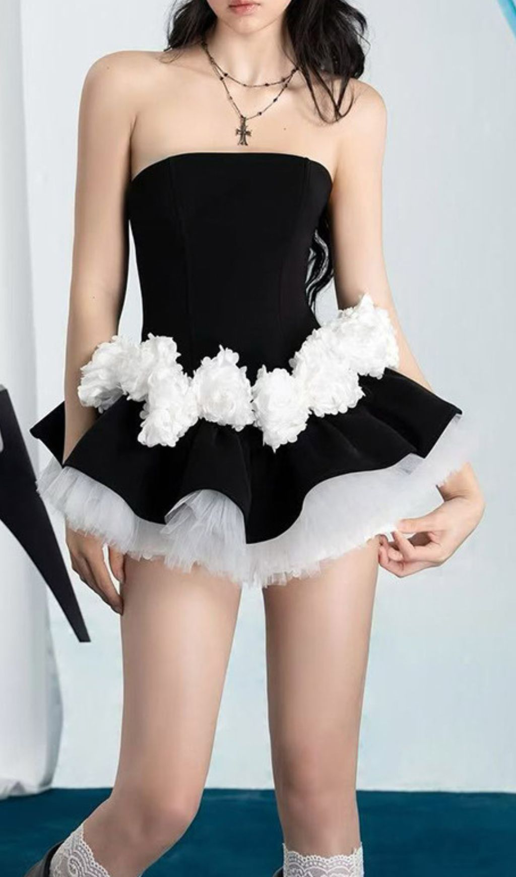 Ismeria Black Strapless Pompom & Tulle Mini Set – Edgy Coquette Style for Women