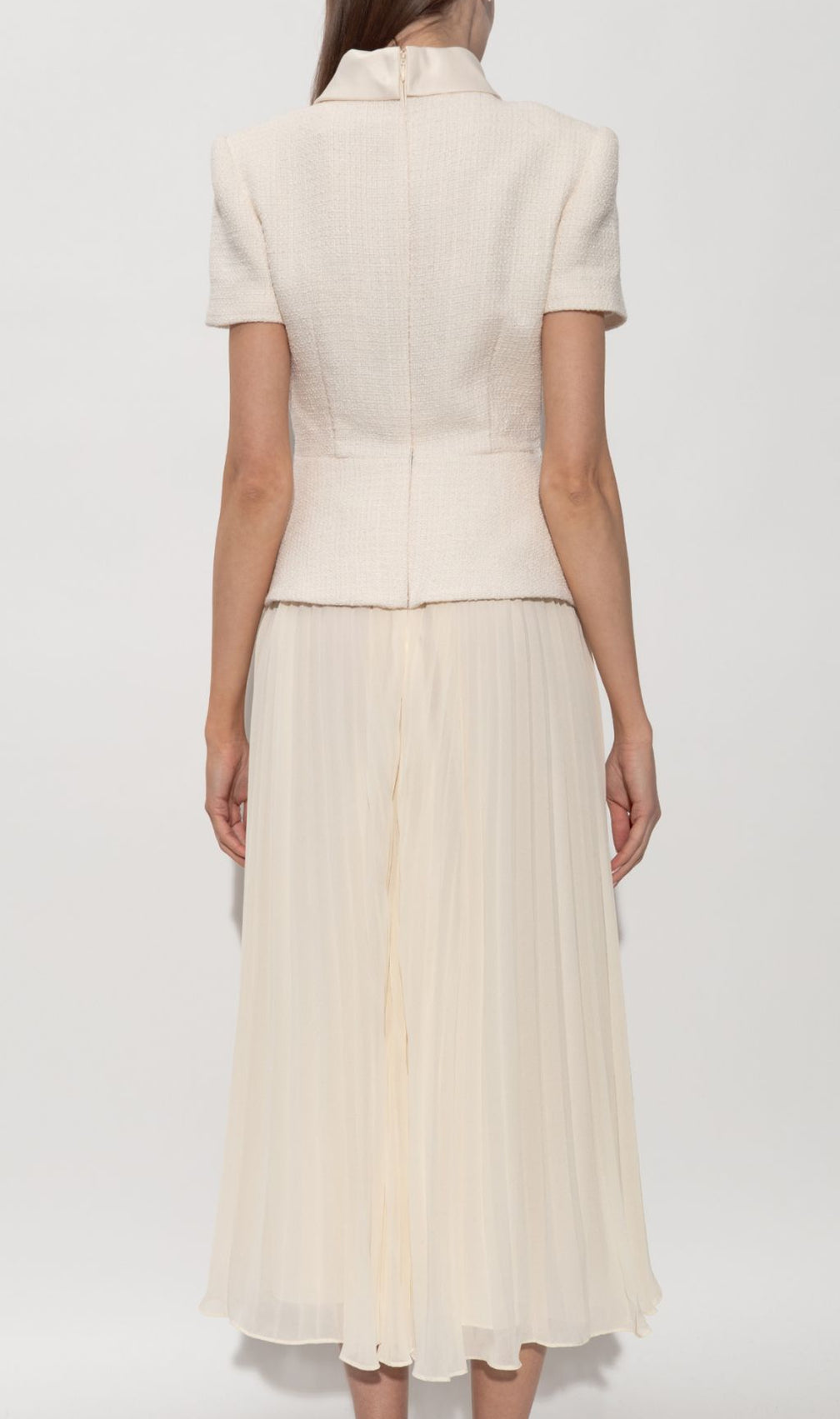Elegant Cream Embellished Tweed-Style & Pleated Midi Dress