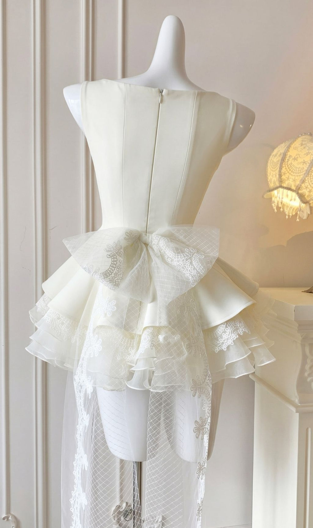 Kiki White Lace Bow Mini Dress | Tiered Ruffle Skirt, Elegant Train | Bridal & Cocktail Party