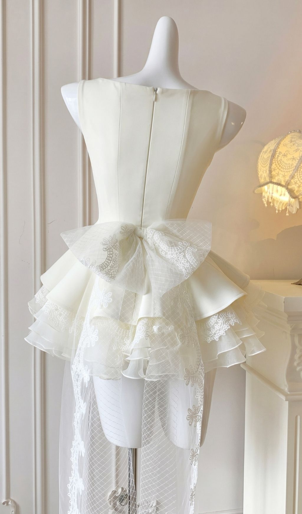 Kiki White Lace Bow Mini Dress | Tiered Ruffle Skirt, Elegant Train | Bridal & Cocktail Party