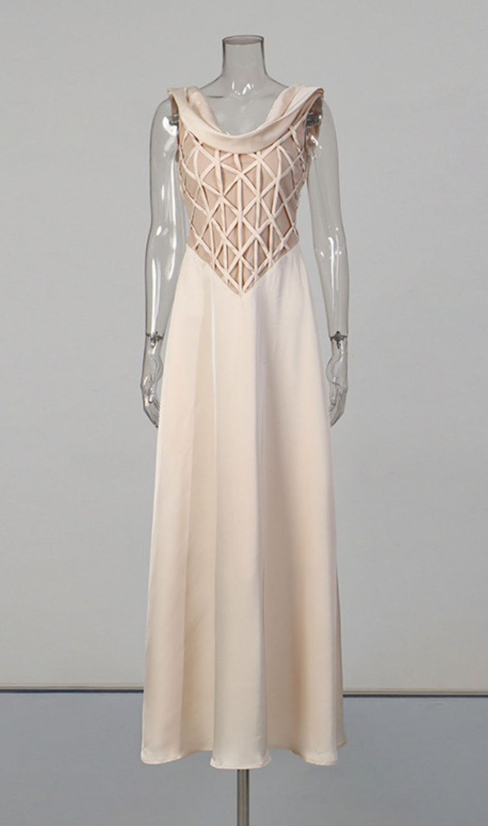 Keyra Champagne Satin Maxi Gown with Geometric Lattice Bodice & Cowl Neck