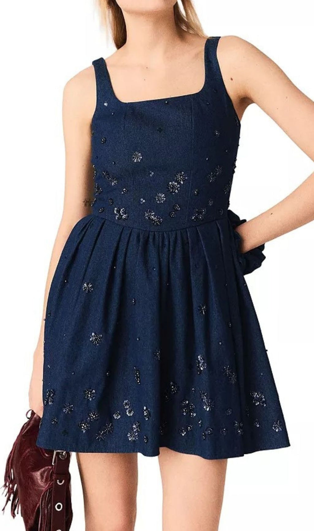 Chic Floral Sequin Embroidered Denim Dress - Square Neck Fit & Flare