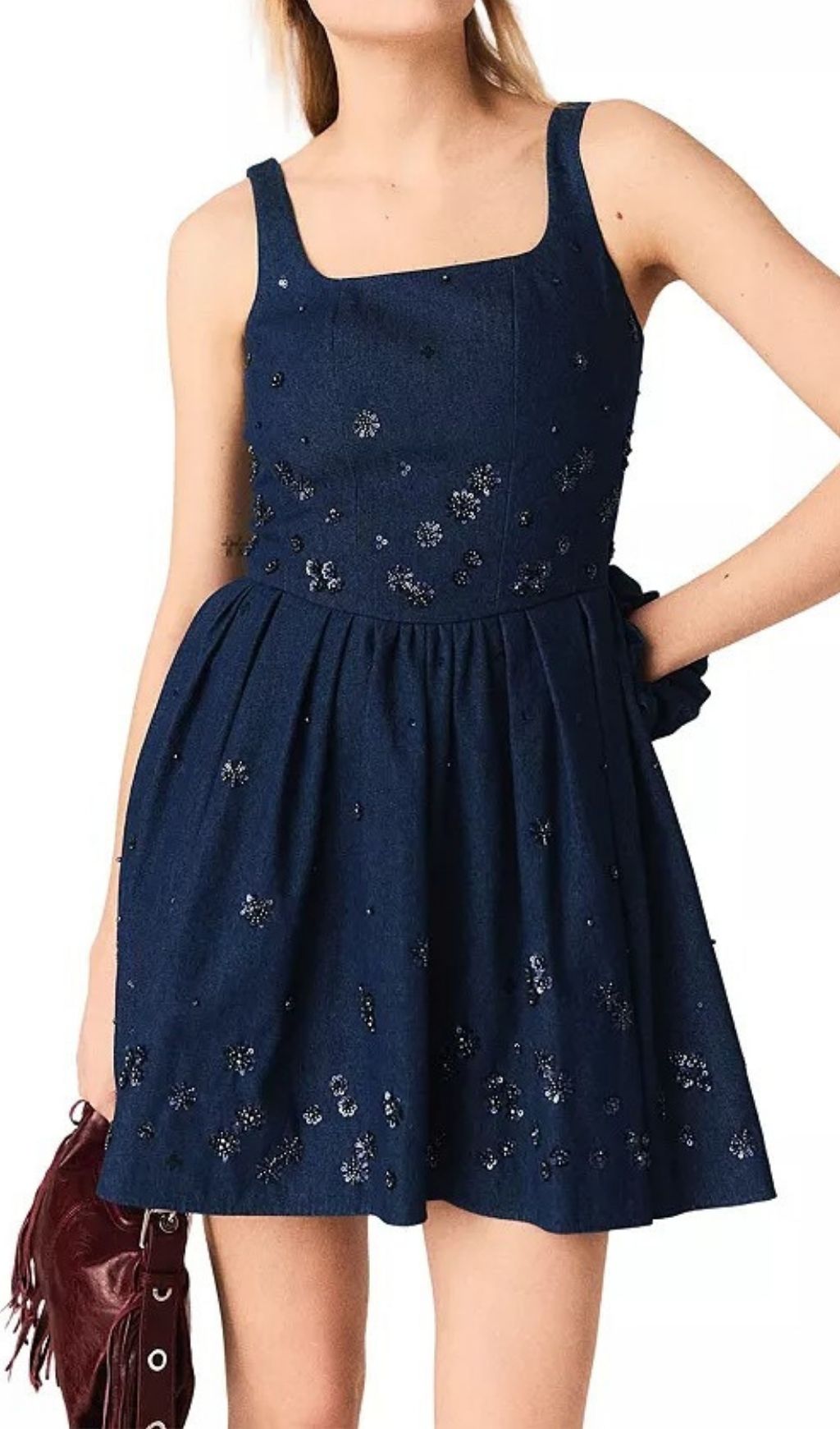 Chic Floral Sequin Embroidered Denim Dress - Square Neck Fit & Flare