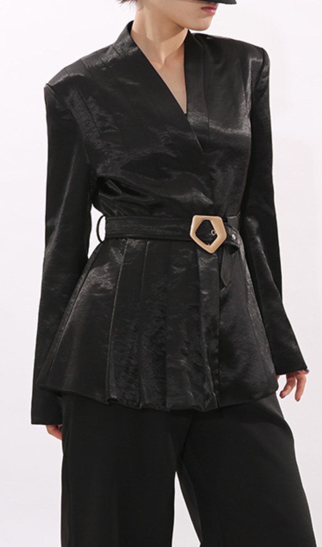 Power Chic: Indigo Black Belted Blazer for Women | Tailored Kimono Jacket with Statement Buckle