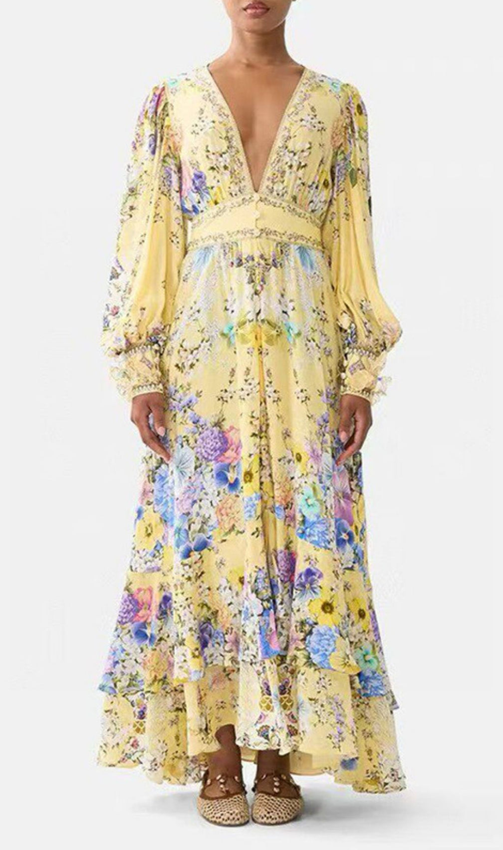 Kayli Vibrant Yellow Floral Maxi Dress - Elegant V-Neck & Flowy Sleeves