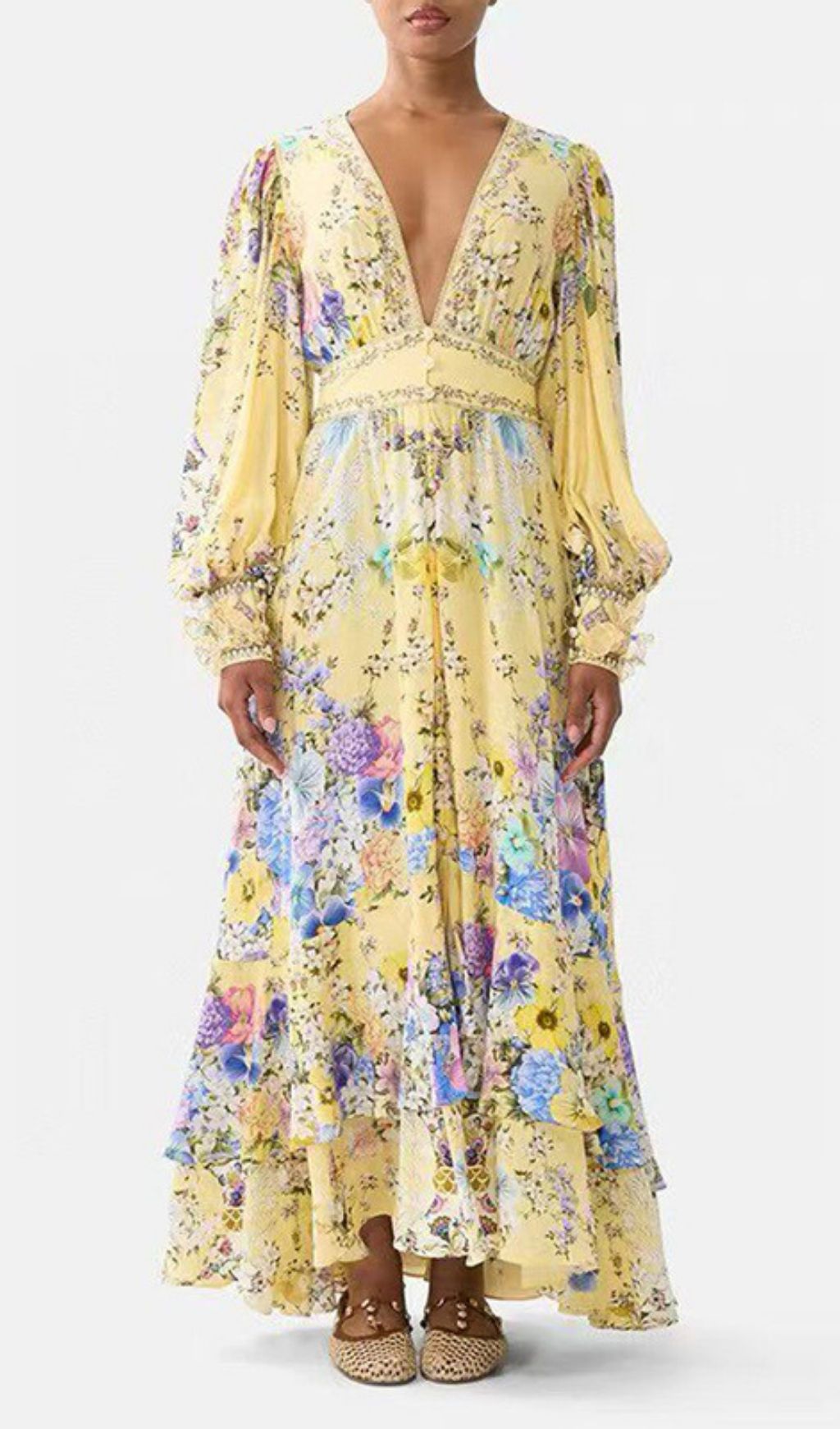 Kayli Vibrant Yellow Floral Maxi Dress - Elegant V-Neck & Flowy Sleeves