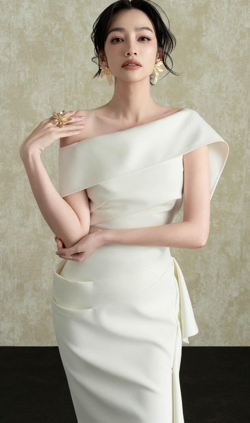 Arene Elegant White Off-Shoulder Asymmetrical Midi Dress | Formal Event Gown