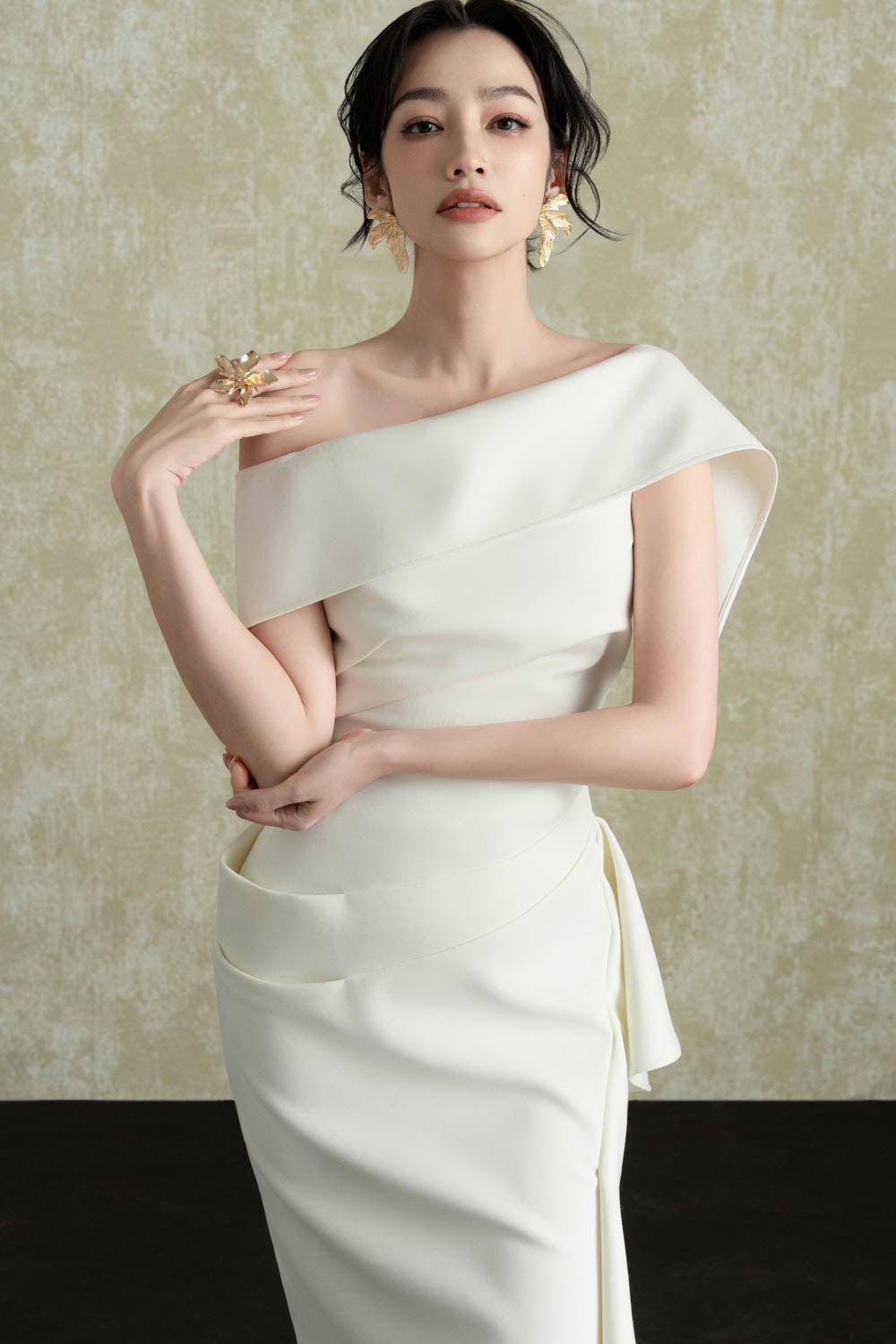 Arene Elegant White Off-Shoulder Asymmetrical Midi Dress | Formal Event Gown