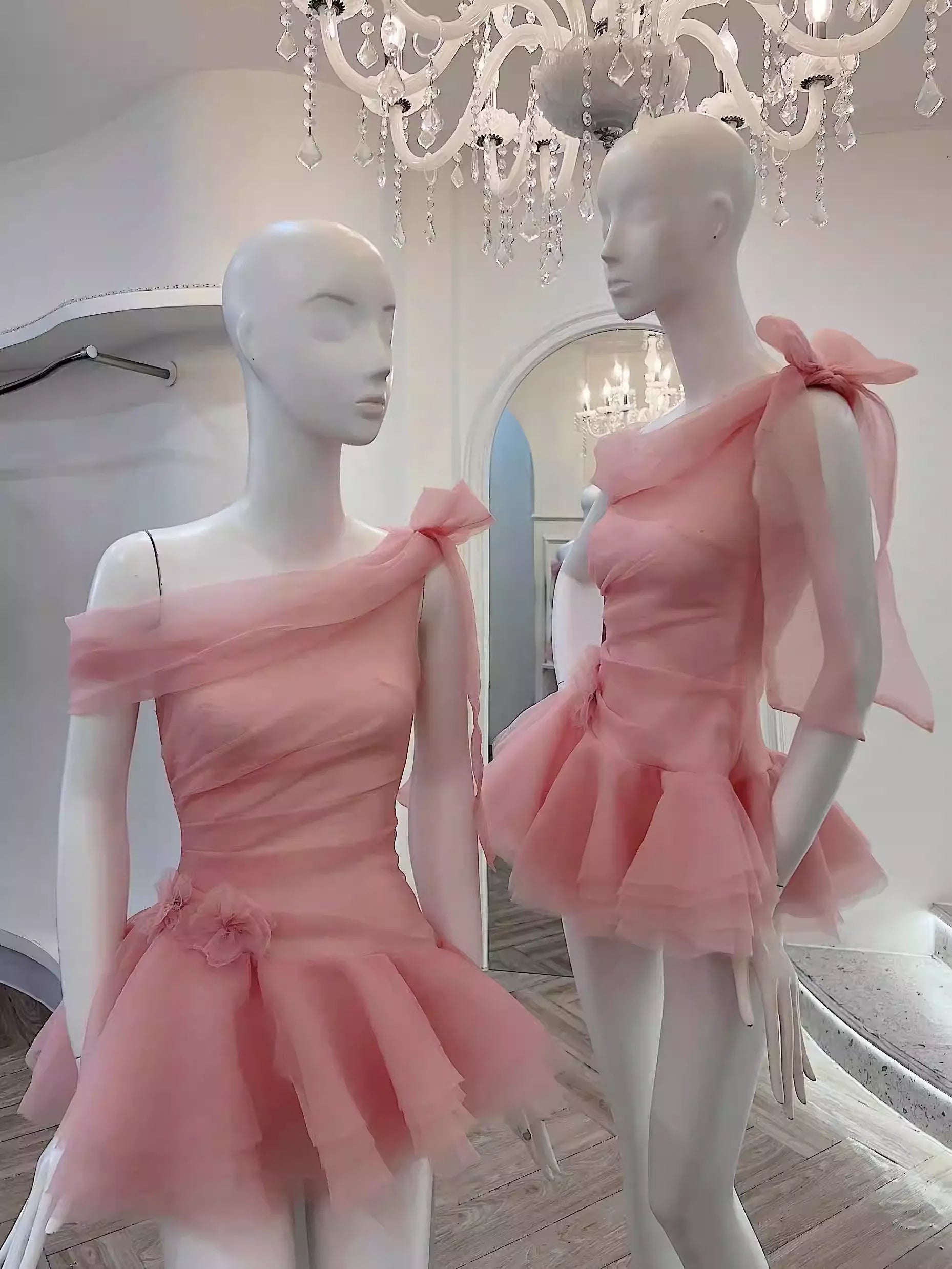 Kamella Sweetheart Pink Off-Shoulder Mini Dress with Bow & Ruffles