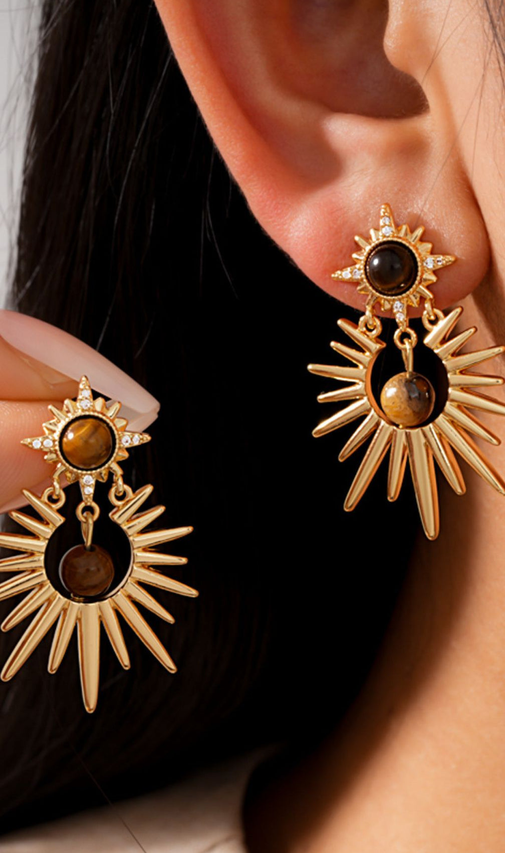 Joselyn Celestial Sunburst Tiger Eye Dangle Earrings