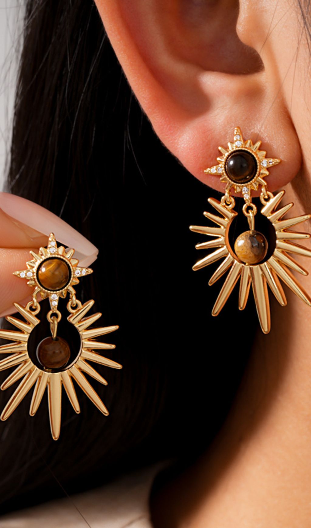 Joselyn Celestial Sunburst Tiger Eye Dangle Earrings