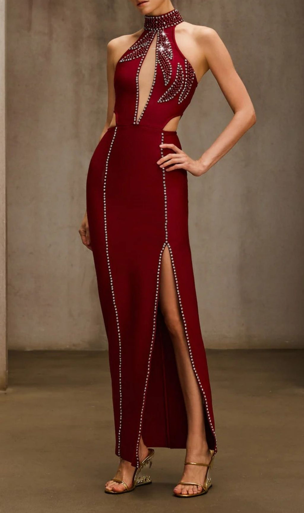 Dympna Crystal Cutout Halterneck Maxi Dress - Showstopping Red Carpet Gown