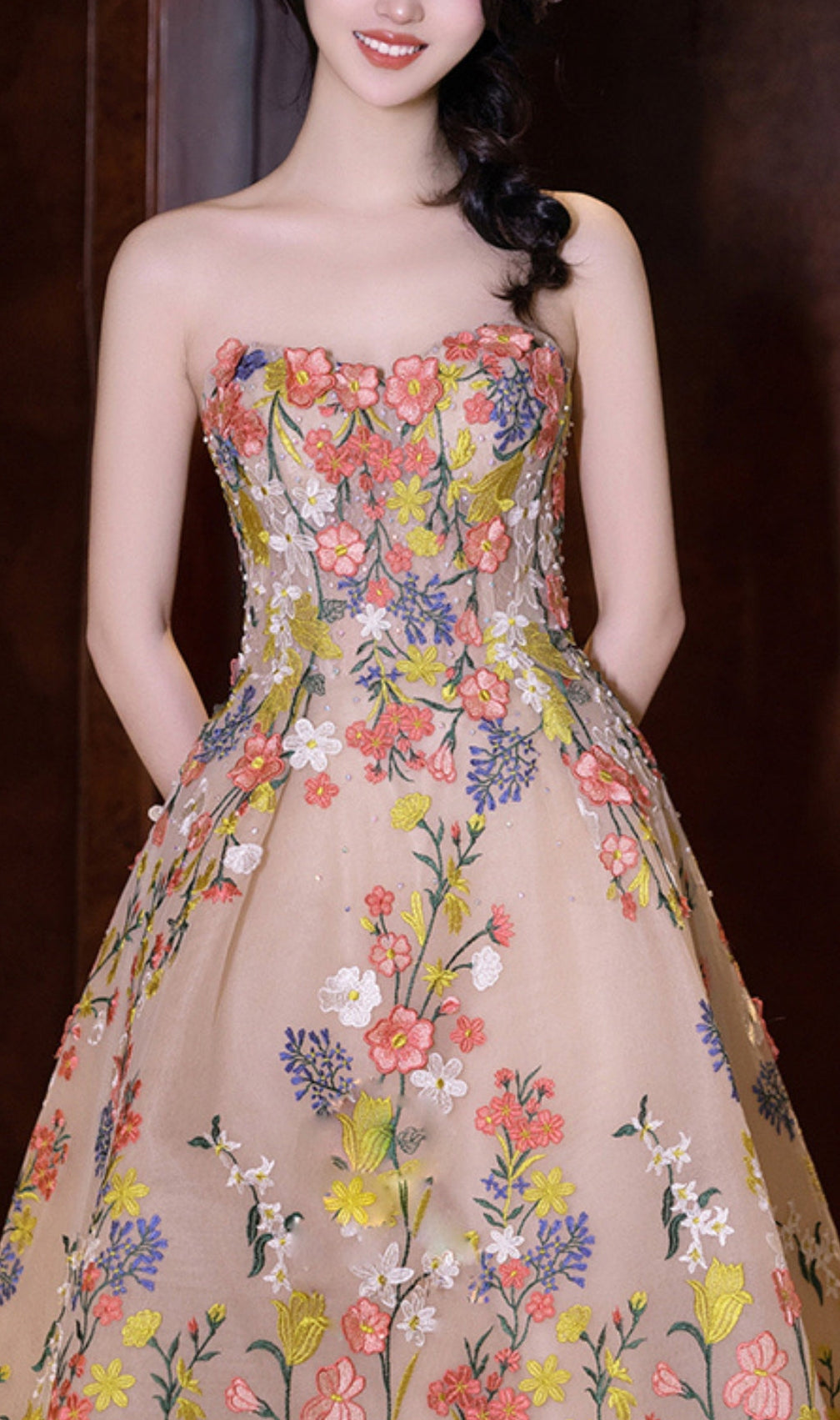 Strapless Tea Length Floral Midi Dress