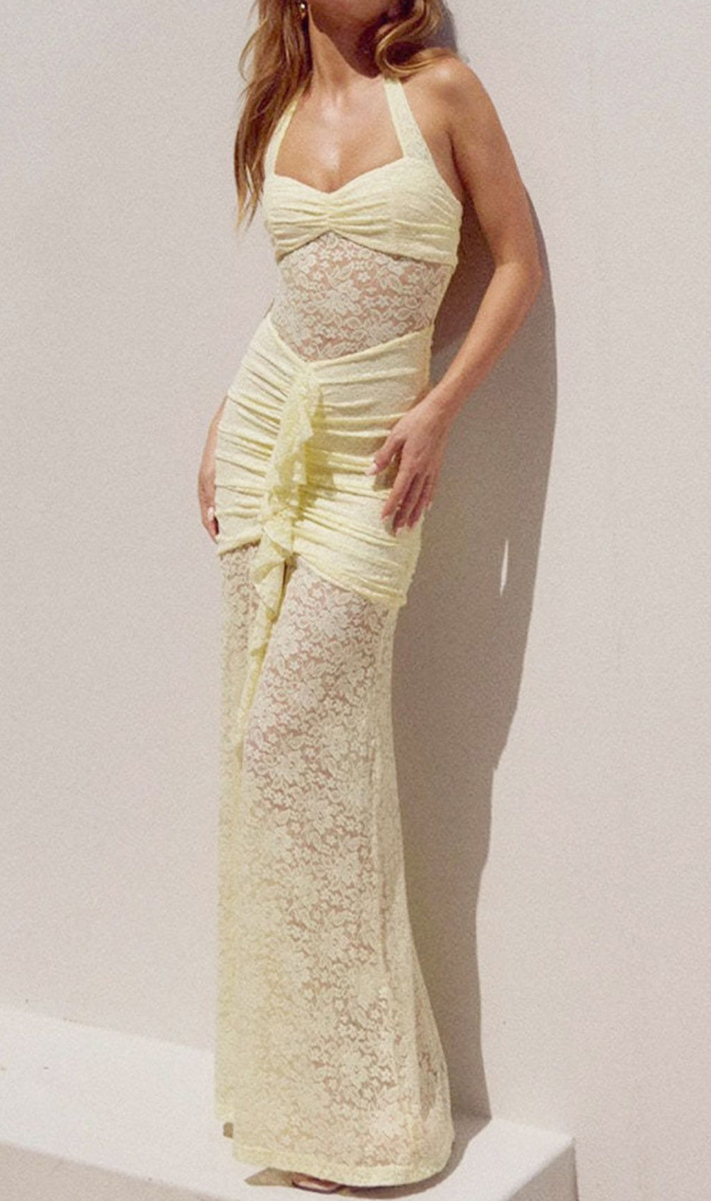 Fusayo Yellow Halter Ruched Lace Maxi Dress