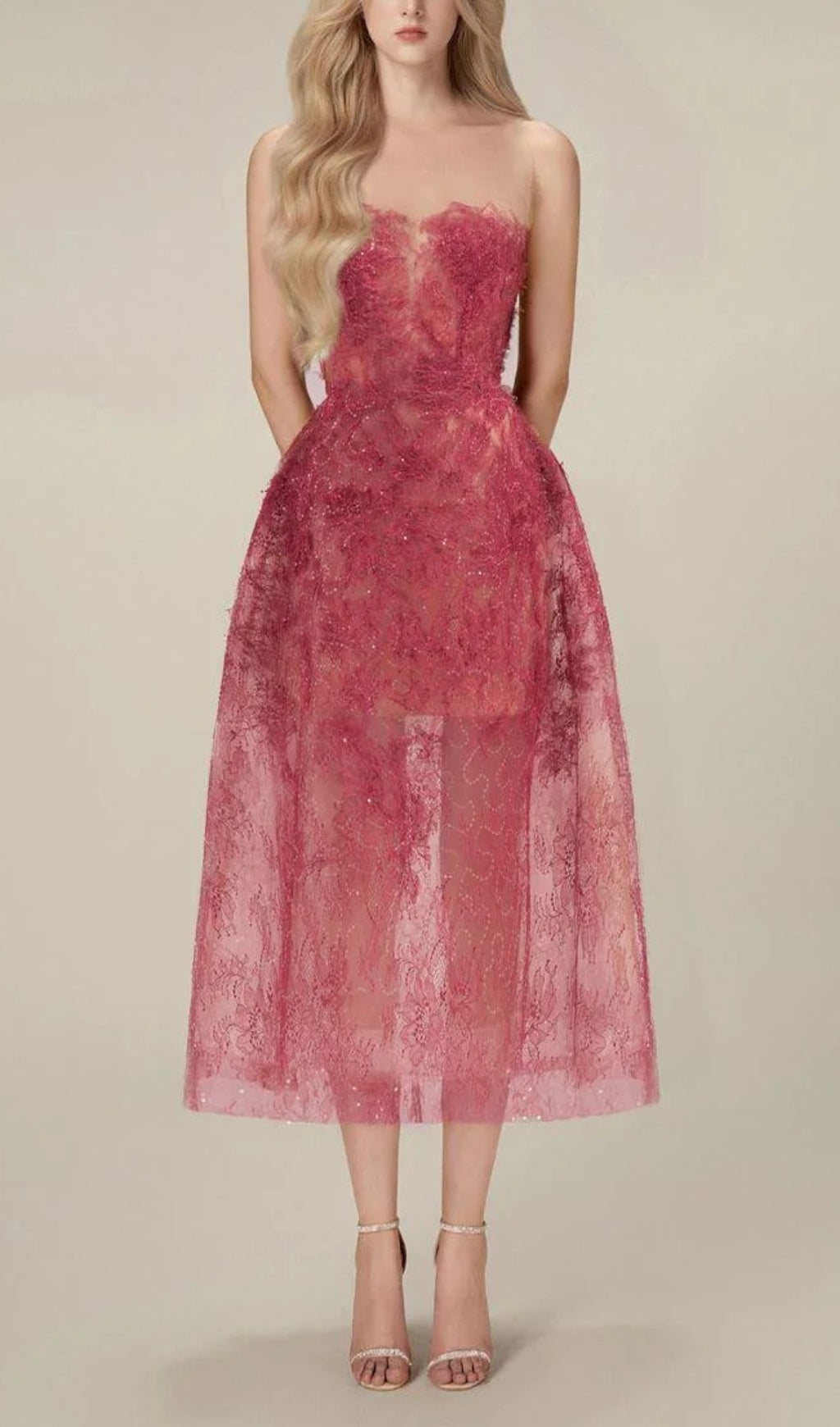 Allyson Rose Red Floral Lace Embroider Midi Dress