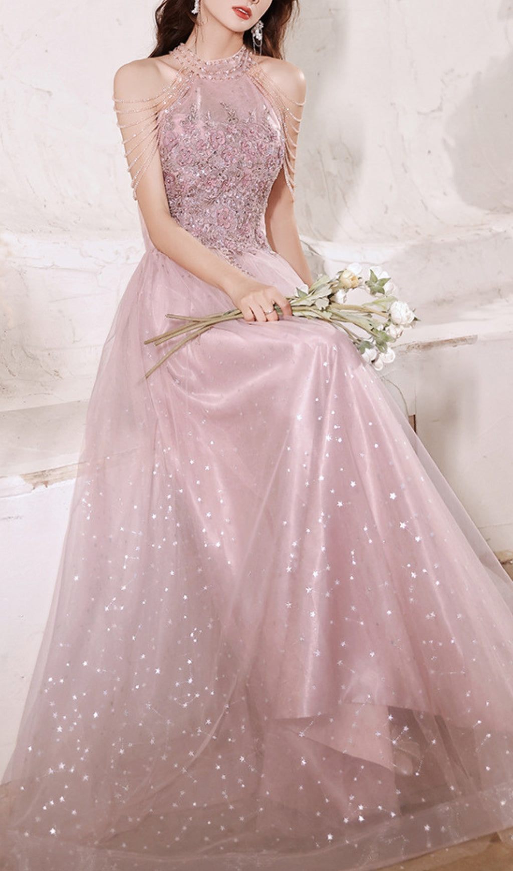 Cleon Halter Flower Sequin Maxi Dress