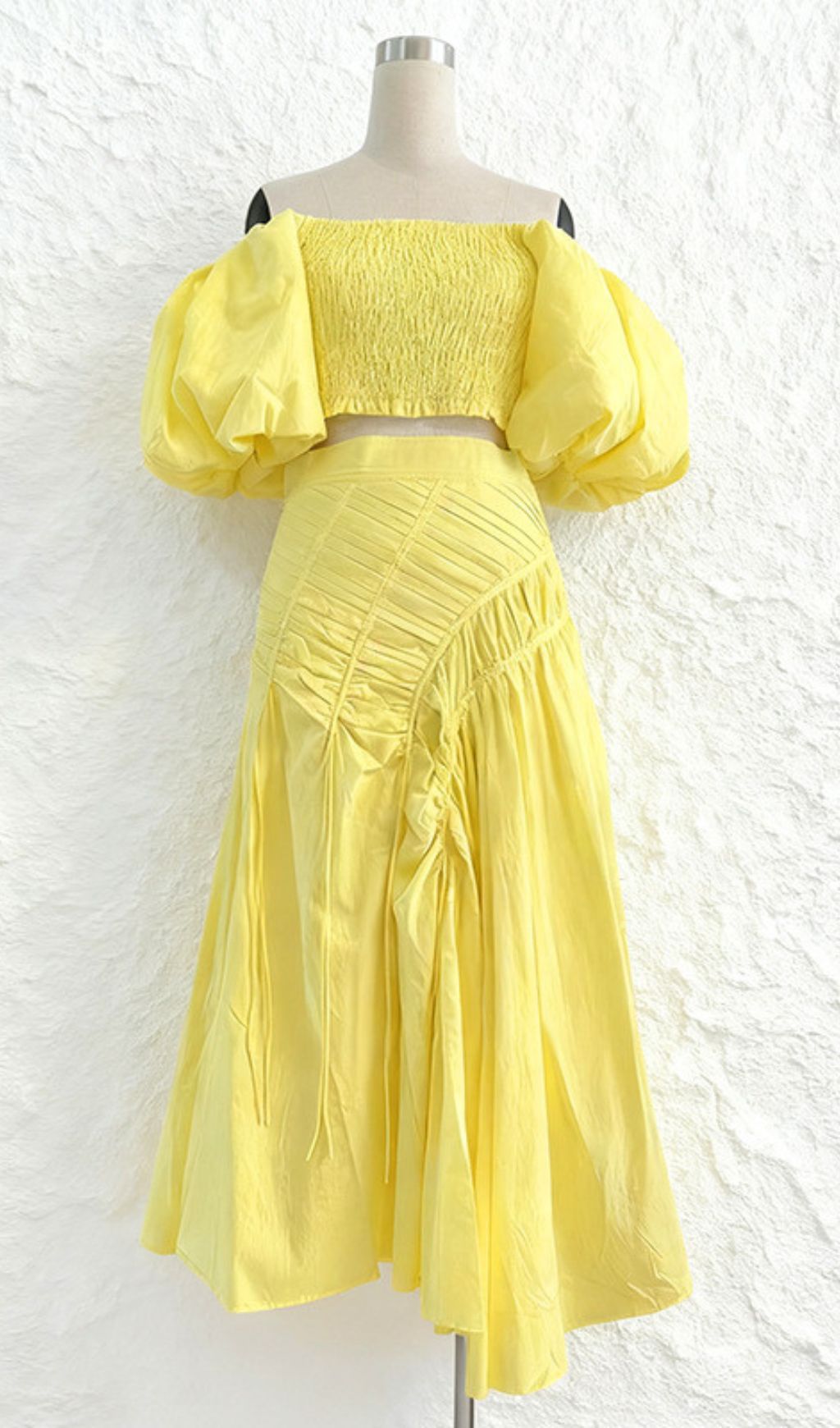 Vibrant Lime Green Puff Sleeve Crop Top & Ruched Maxi Skirt Set | Ivo Two-Piece