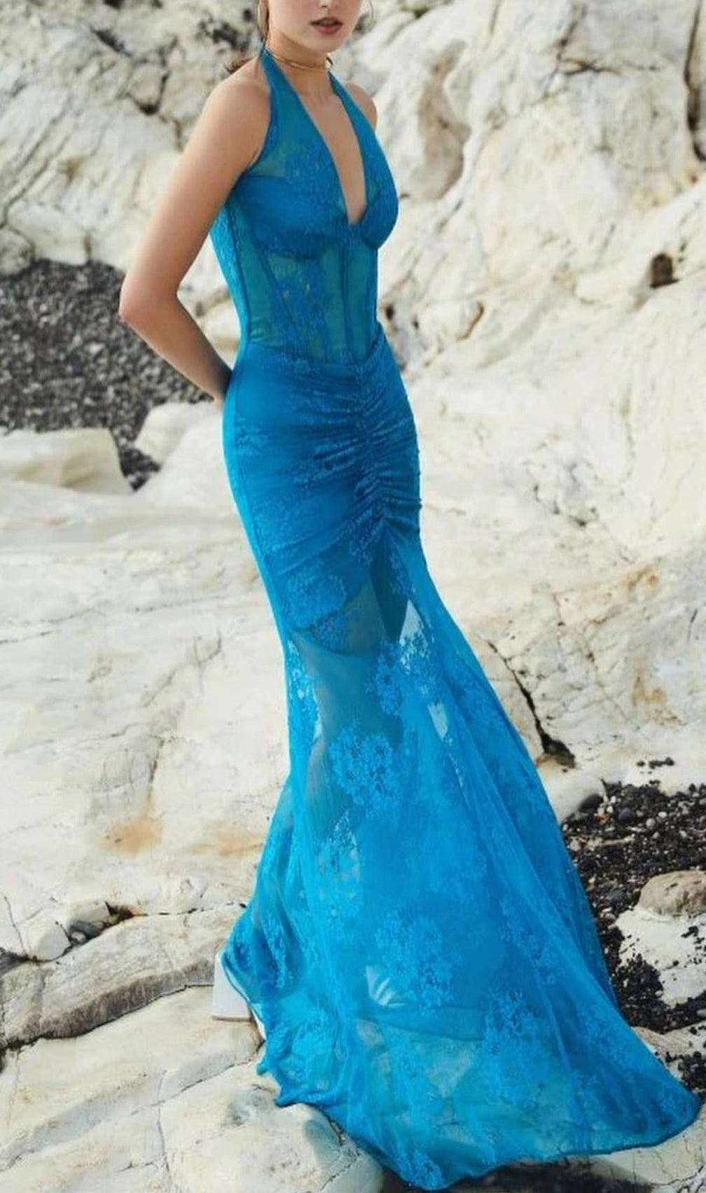 Aoife Blue Bustier Floral Lace Gown