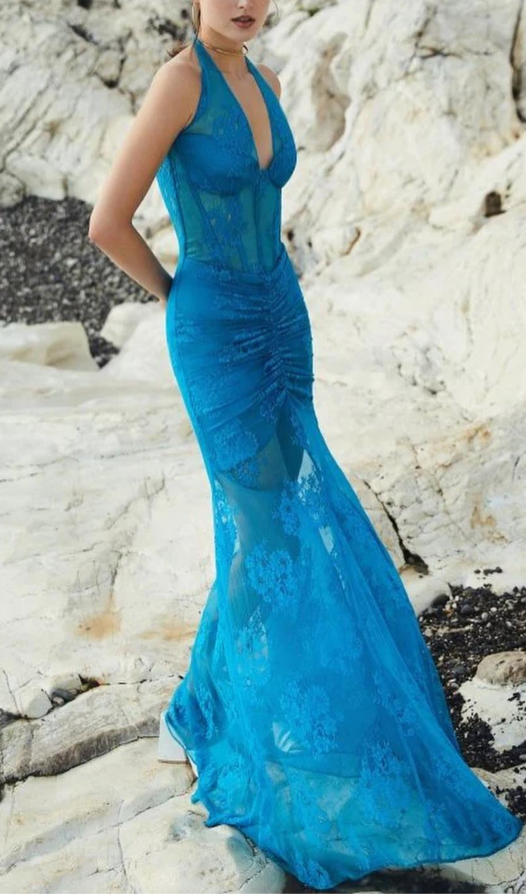 Aoife Blue Bustier Floral Lace Gown