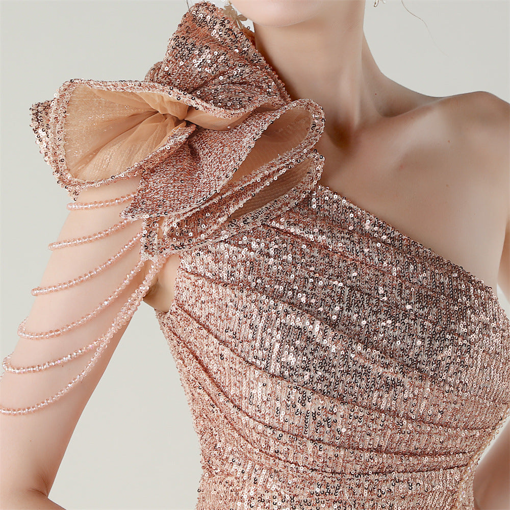 Ikia Dazzling One-Shoulder Sequin Maxi Gown with High Slit