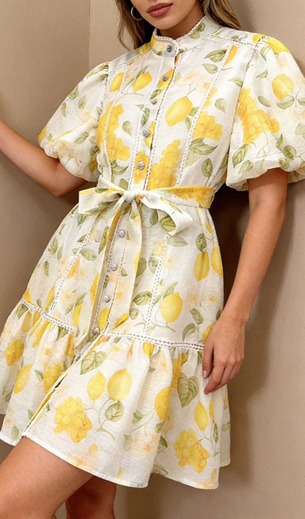Kathia Yellow Puff Sleeve Floral Mini Dress