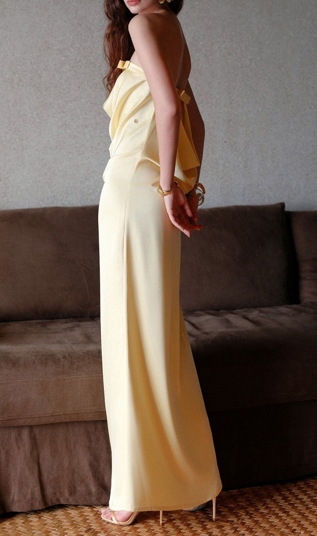 Khadija Radiant Yellow Strapless Satin Maxi Dress | Elegant Cowl Neck Gown