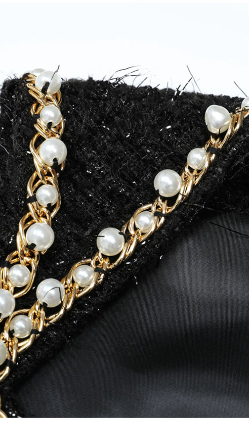 Kayah Black Tweed Mini Dress: Pearl & Gold Chain Embellished Glamour
